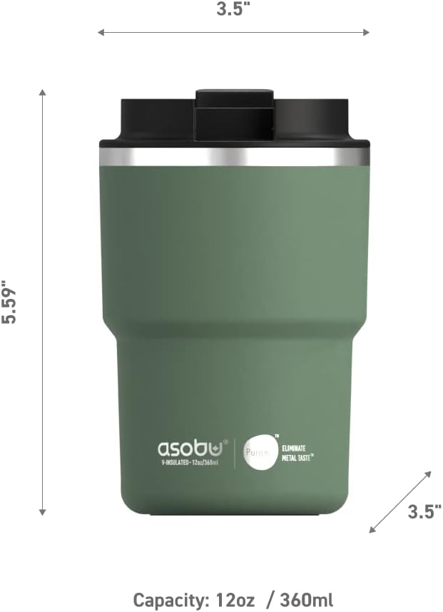 asobu Travel Mug Ceramic Coated Stainless Steel Insulated with Leak and Spill Proof Lid – Fits Standard Cup Holders 12 oz Tumbler (Basil Green)
