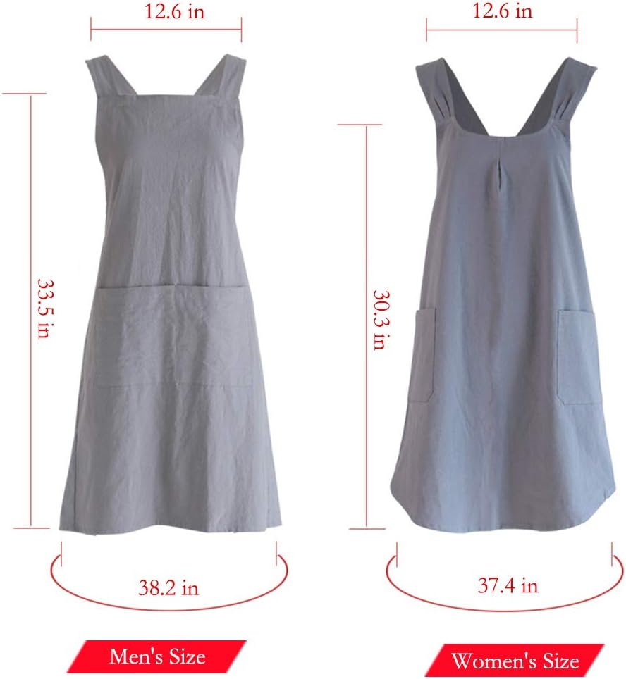 NEWGEM Japanese Linen Cross Back Cooking Aprons for Women Men with Pockets Cute for Baking Kitchen