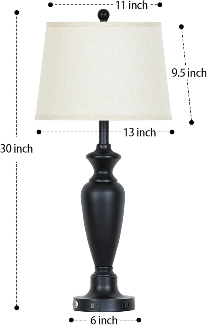 30" Tall Table Lamps Set of 2, Touch Control Bedside Lamp with USB A+C Ports and AC Outlet, 3-Way Dimmable Modern Metal Nightstand Lamp for Bedroom Living Room, 2 LED Bulbs Included, Black