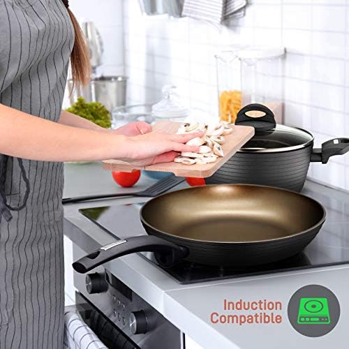 NutriChef 12-Piece Hard Anodized Nonstick Cookware Set - Induction Ready Pots & Pans with Elegant Ridge-Line Pattern, Heat-Resistant Lacquer, Gray