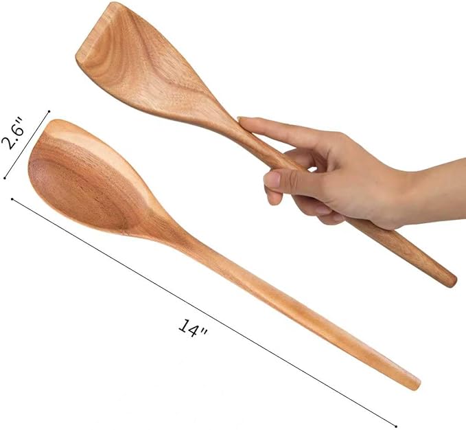 2PCS Acacia Wooden Spoons For Cooking-14 Inch Smooth Finish Cooking Spoons-Comfortable Grip Wood Spoons for Cooking - Non-Stick Cooking Utensils (Corner spoon + Cooking Spatula)