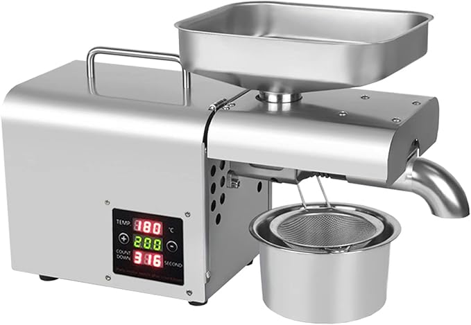Oil Press Machine 610W Cold/Hot Press Oil Extractor Machine with Oil Cup, Funnel & Filter, 304 Stainless Steel Oil Press Machine, 3-6 kg/h Oil Press Speed, for Peanut Soybean Rapeseed Silver 110V
