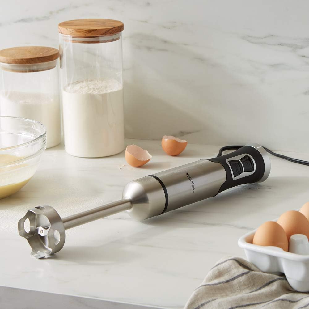 Amazon Basics Multi-Speed Immersion Hand Blender for Kitchen Mixing, Smoothies, Soups, 500 Watt Powerful, Silver