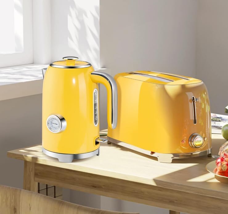 SUSTEAS Electric Kettle - 57oz Hot Tea Kettle Water Boiler with Thermometer, 1500W Fast Heating Stainless Steel Tea Pot, Cordless with LED Indicator, Auto Shut-Off & Boil Dry Protection, Retro Yellow