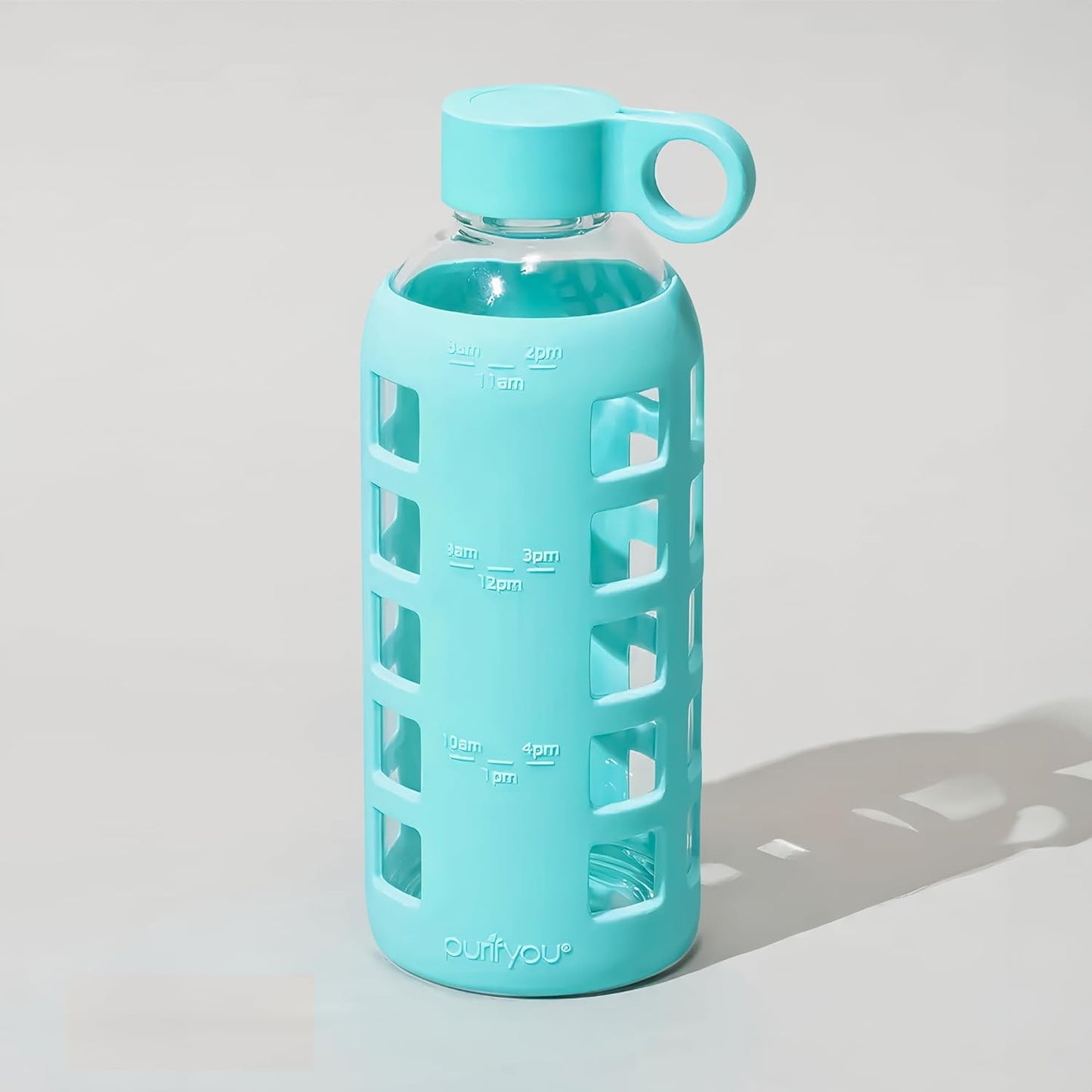 purifyou 40oz / 32oz / 22oz / 12oz Borosilicate Glass Water Bottle with Time & Volume Markers, Silicone Sleeve, Stainless Steel Lid – Reusable Glass Bottle for Water & Juice (22oz Aqua Blue)