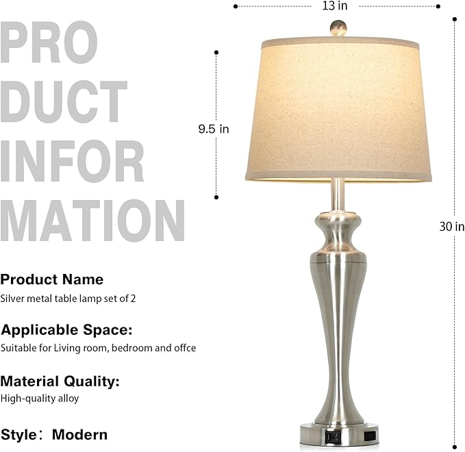 30" Silver Table Lamps Set of 2, 3-Way Dimmable Touch Bedside Lamp with USB A+C Ports and AC Outlet, Tall Living Room Lamps for Side Table, Modern Brushed Nickel Bedroom Lamp for Nightstand