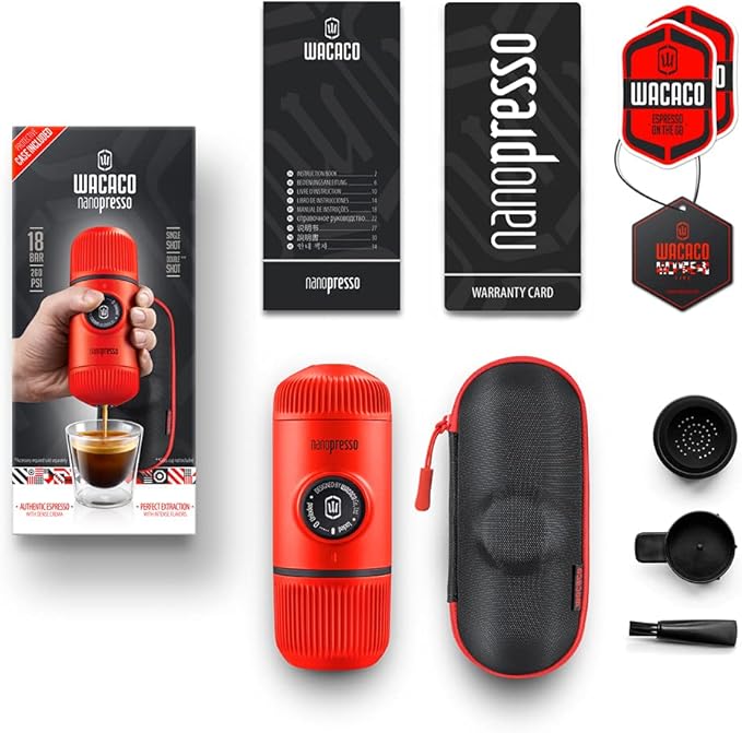 WACACO Nanopresso Portable Espresso Maker Bundled with Protective Case, Mini Travel Coffee Machine, Perfect for Camping, Travel Thanksgiving Christmas Coffee Present (Elements Lava Red)