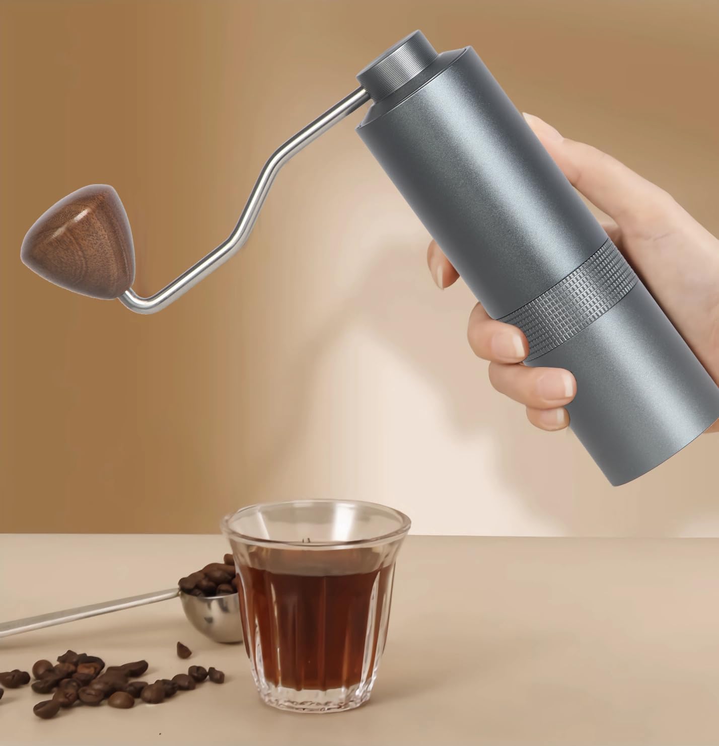 Manual Coffee Grinder - Precision CNC Stainless Steel Burr Grinder with Adjustable Settings, Grey Blue, Double Bearings for Smooth Grinding - Ideal for Home, Office, and Camping Espresso Enthusiasts