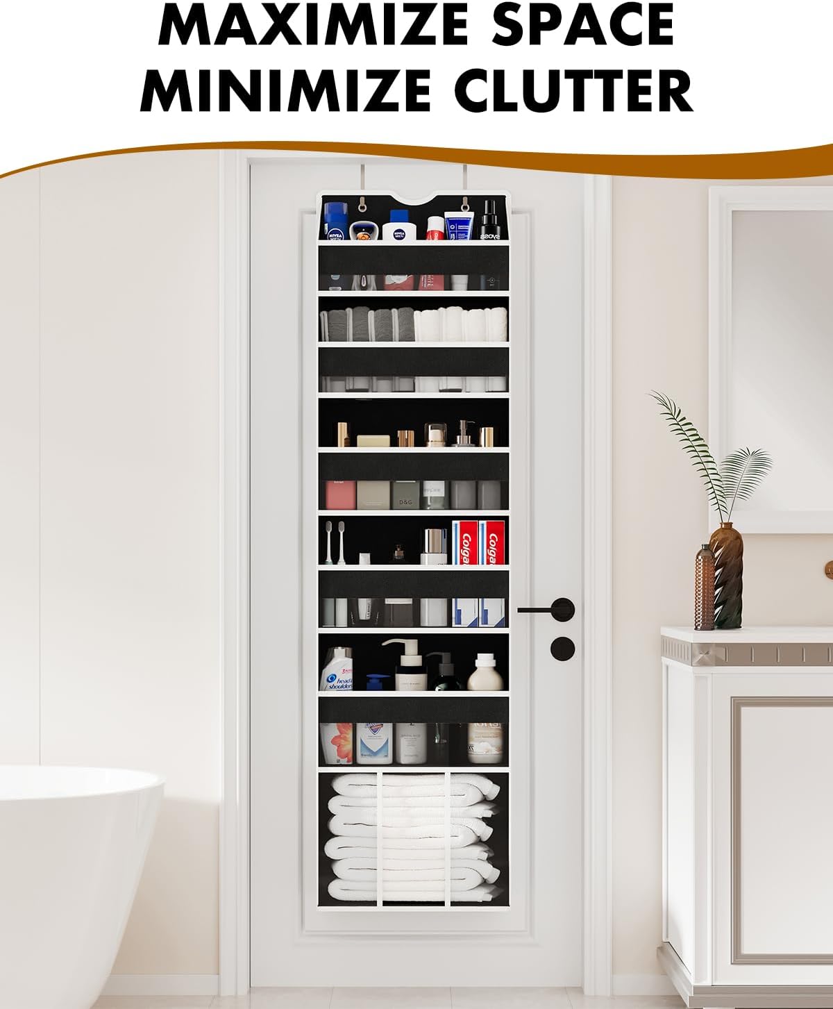 Over The Door Organizer Hanging - 6 Shelf Over Door Organizer with 6 Clear Front & 12 Side Pockets - 50LB Load Behind Storage for Closet Bedroom Bathroom Nursery Baby Essentials(Black)
