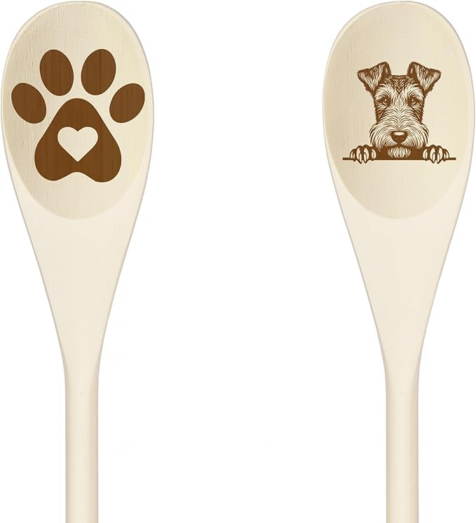 Decorative Wooden Spoons with Peeking Dog Designs, Paw Print and Dog Head, Kitchen Utensils Set of 2 (WIREFOX TERRIER)