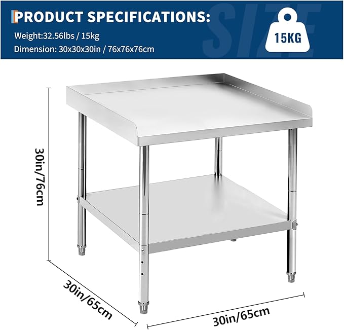 30x30x30 in Stainless Steel Equipment Grill Stand Table 400 LBS Capacity NSF Certified with Adjustable Legs, 2 in Edge Baffle, for Hotel, Home, Commercial Restaurant Kitchen