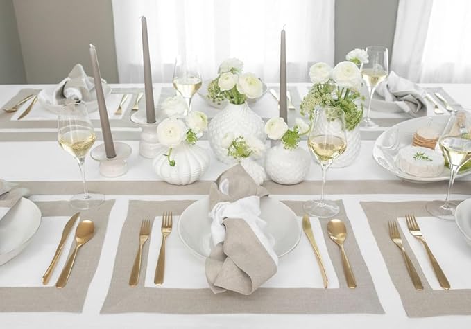 Solino Home Linen Table Runner 108 Inches Long - 100% Pure Linen Natural and White Dining Table Runner 14 x 108 Inch for Christmas, Holiday, Winter, New Year - Contempo