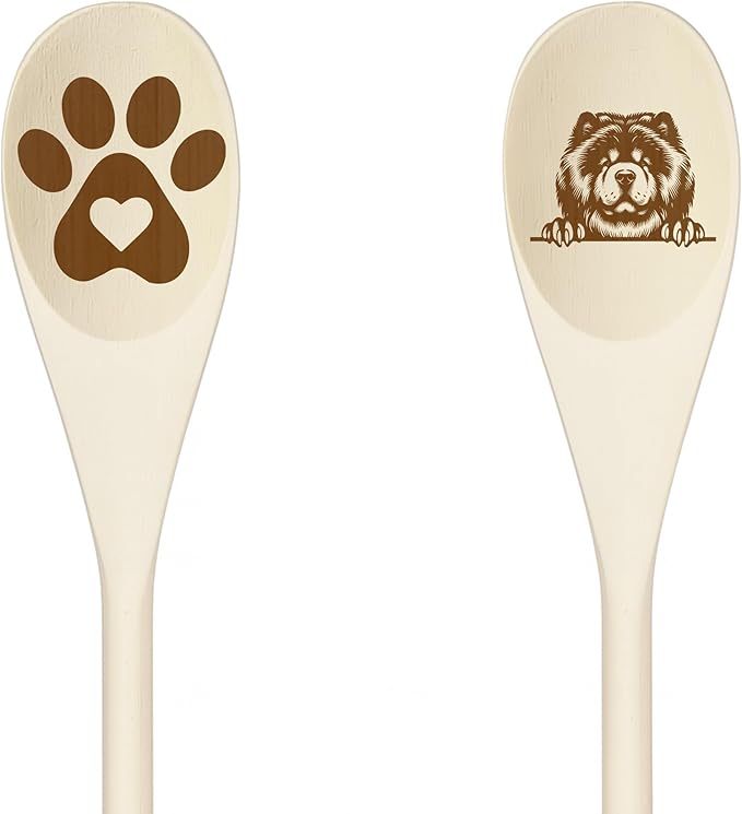 Decorative Wooden Spoons with Peeking Dog Designs, Paw Print and Dog Head, Kitchen Utensils Set of 2 (CHOW CHOW)