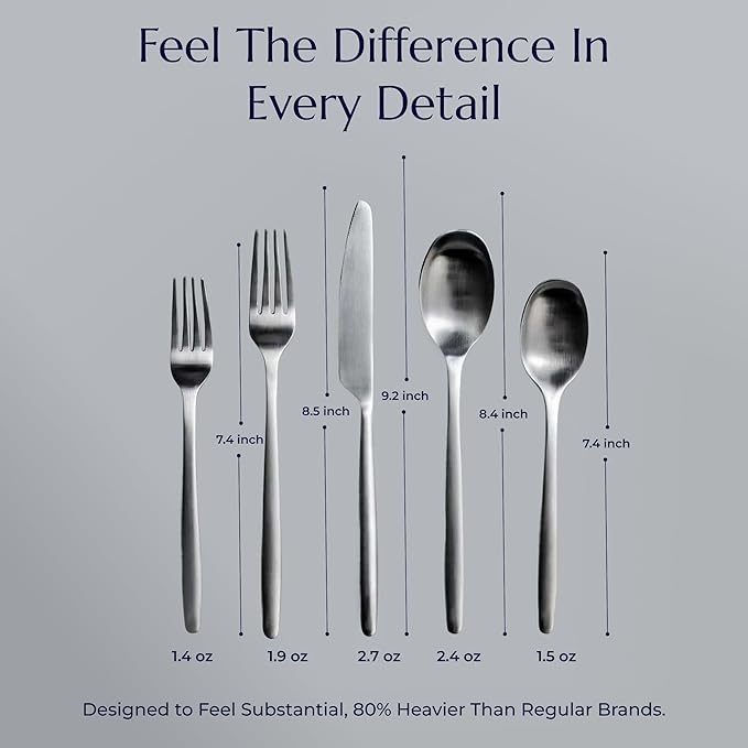 JazzUpCo Ava Flatware Flatware non toxic 18/10 stainless steel dishwasher safe (Matte Silver, 16 Person Set (80 Pieces))