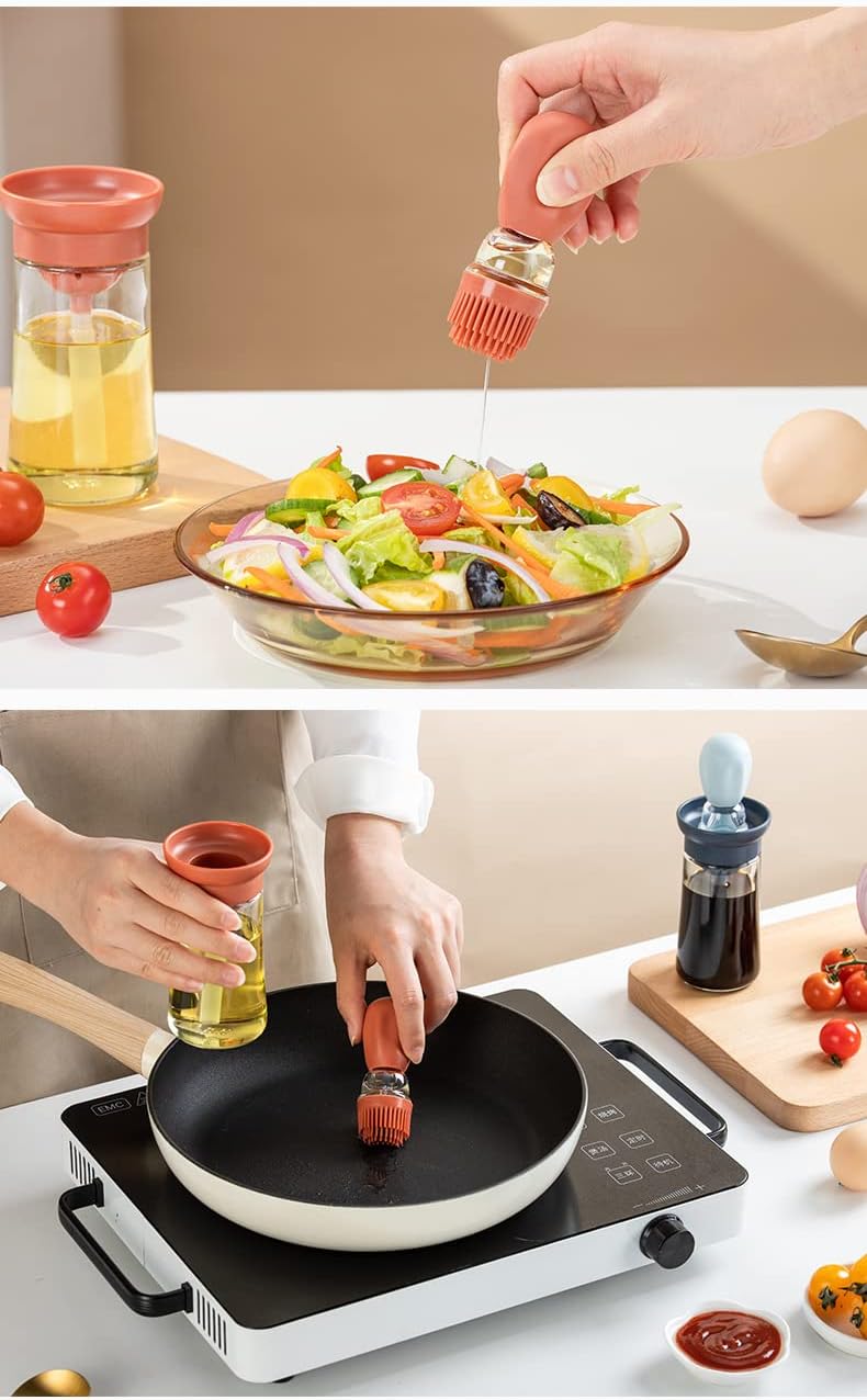 Oil Dispenser with Brush - 2 Pack Olive Oil Dispenser, 2 IN 1 Oil Dispensing Bottle with Basting Brush for Cooking Frying Baking Kitchen, T-OB21 Grey+Red