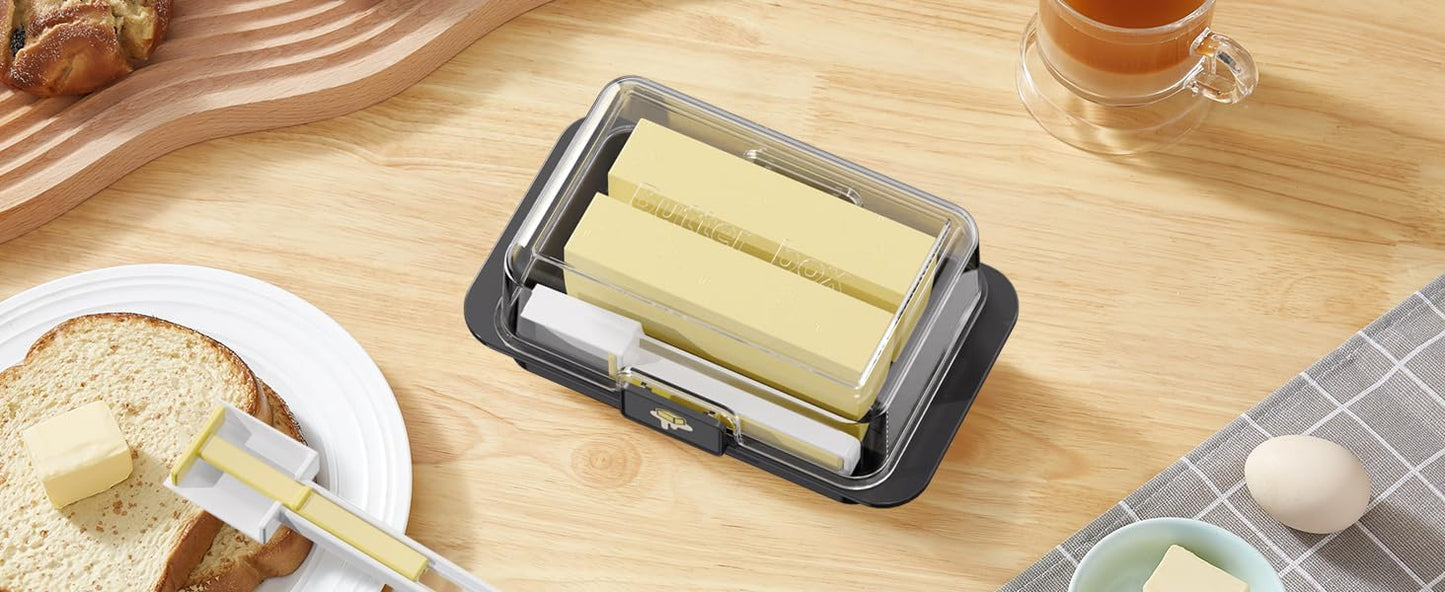Butter Dish with Precision Spoon, Countertop and Refrigerator, Keep Butter Fresh, Easy Scoop, Plastic Butter Keeper Tray Box for East/West Coast Butter (Black, Large)