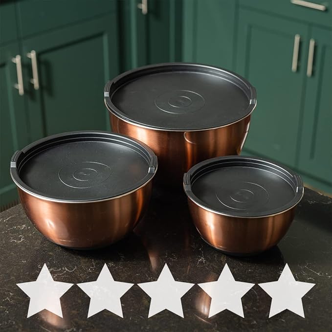Samma Copper Mixing Bowls Set with Stainless Steel Body with Black Silicone Bottom Mixing Bowl- Versatile Kitchen Mixing Bowls- 3 Piece with Lids