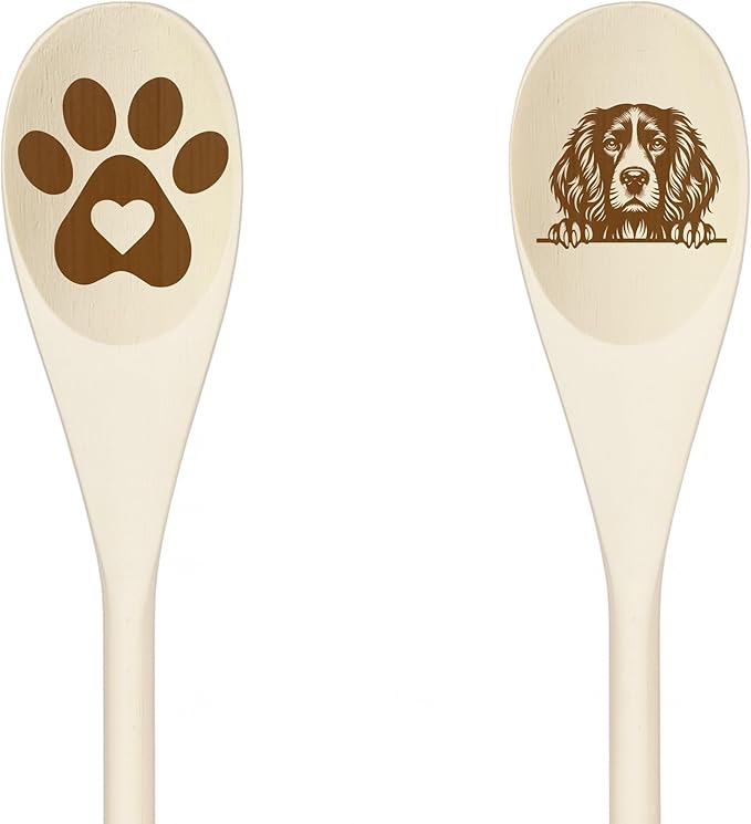 Decorative Wooden Spoons with Peeking Dog Designs, Paw Print and Dog Head, Kitchen Utensils Set of 2 (SUSSEX SPANIEL)