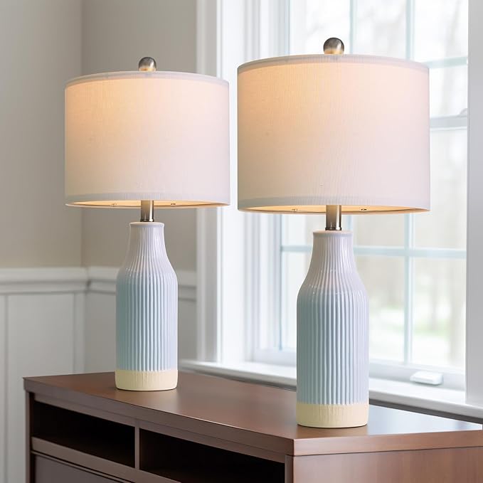 23.75inch Light Blue Modern Ceramic Bedside Lamp Set of 2 for Bedroom Decor Farmhouse Table Lamp for Living Room Office Dorm