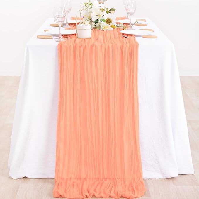 MLMC Peach Pink Cheesecloth Table Runner 10ft Rustic Gauze Coral Cheese Cloth Table Runner 35x120 Inches for Wedding Bridal Baby Shower Party Decor
