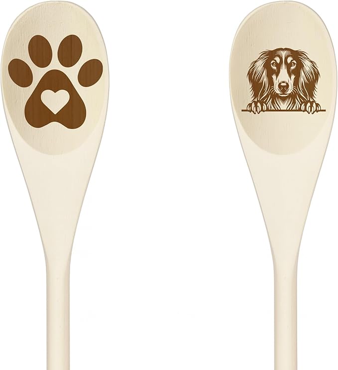 Decorative Wooden Spoons with Peeking Dog Designs, Paw Print and Dog Head, Kitchen Utensils Set of 2 (SALUKI)