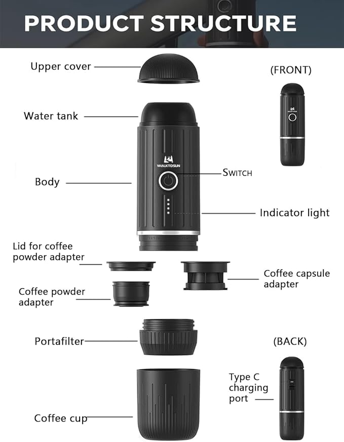 Portable Espresso Coffee Maker Electric Expresso Maker Self Heating Battery Powered, 19 Bar Pressure, Coffee Machine with Ground Coffee & NS Capsule for Travel,Outdoors,Camping,RV,Hiking,Office(Black)