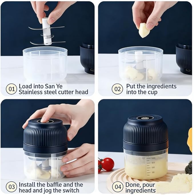 Electric Garlic Chopper, Mini Portable Veggie Chopper, 4/6 Stainless Steel Blades Small Food Processor with USB Rechargeable Wireless, One-Touch Operation for Garlic, Onion & Vegetables (C,Six knives)