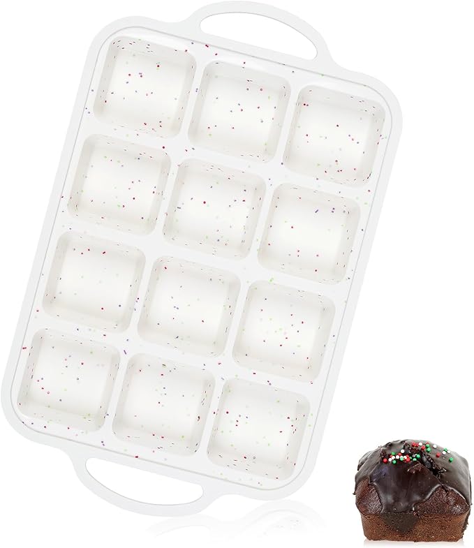 Vinino Silicone Brownie Pan With Dividers, 1 Pack Mini Loaf Pan for Baking Individual, Nonstick 12 Cups Square Muffin Cupcake Pans with Metal Reinforced Frame-Cream