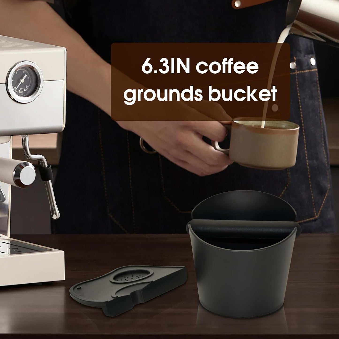 6.3 inch Large Espresso Knock Box Silicone coffee Tamper Mat Espresso Machine Accessories Set of 2 with Removable Knock Bar and Anti-Slip Base for Home Office Barista Tools for Bar Shop