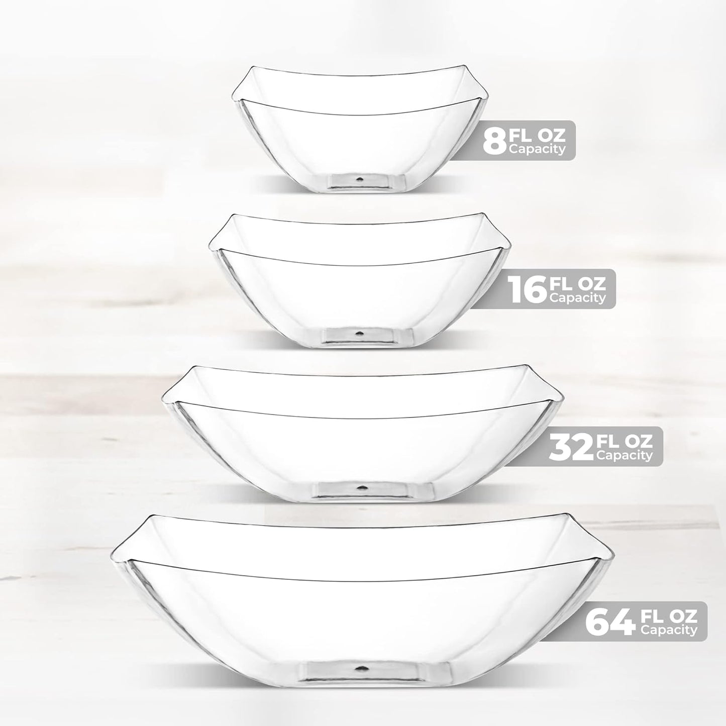 Posh Setting Clear Plastic Serving Bowls Disposable - Square Bowls - Square Candy Bowl - Plastic Snacks & Chip Bowls for Parties - Black, Gold & Clear, White Serving Dishes, 16 OZ, 4 Pack