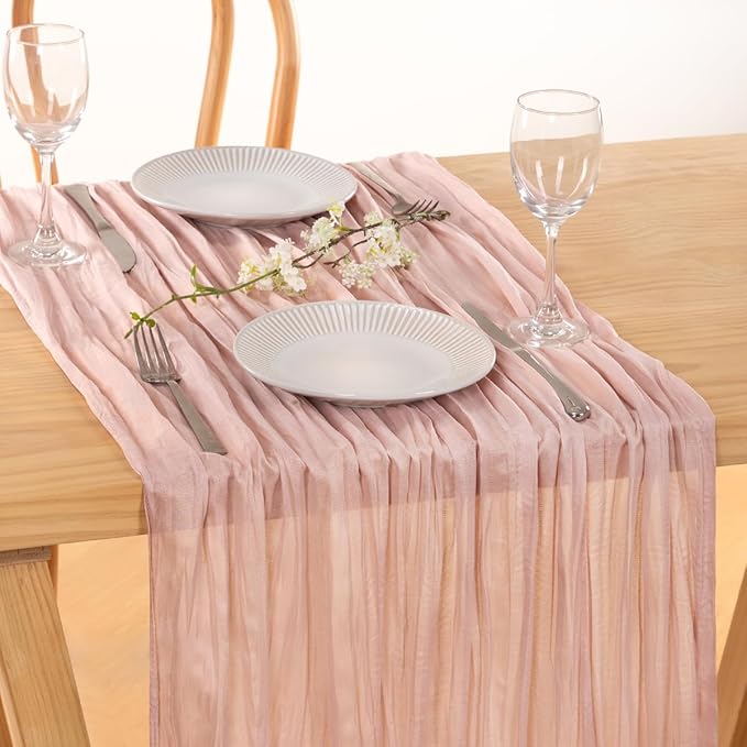 MLMC 8 Pack Pink Table Runner Boho Dusty Pink Cheesecloth Table Runner 10ft Gauze Cheese Cloth Winter Decor 35x120 Inches for Wedding Bridal Baby Shower Birthday Party Decor