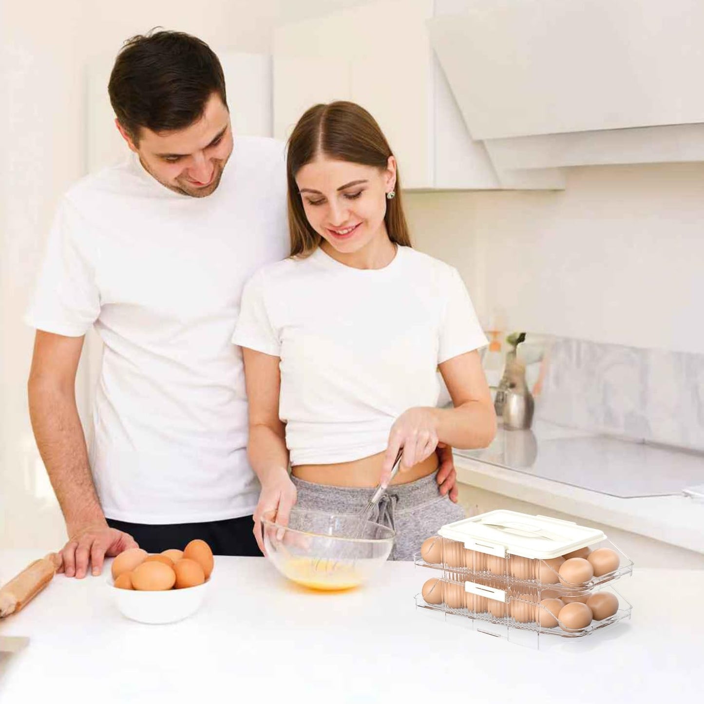 Automatic Rolling Egg Holder for Fridge, Clear Plastic Egg Organizer with Handle for Refrigerator, Egg Container for Kitchen Storage, 1 Row 2 layers