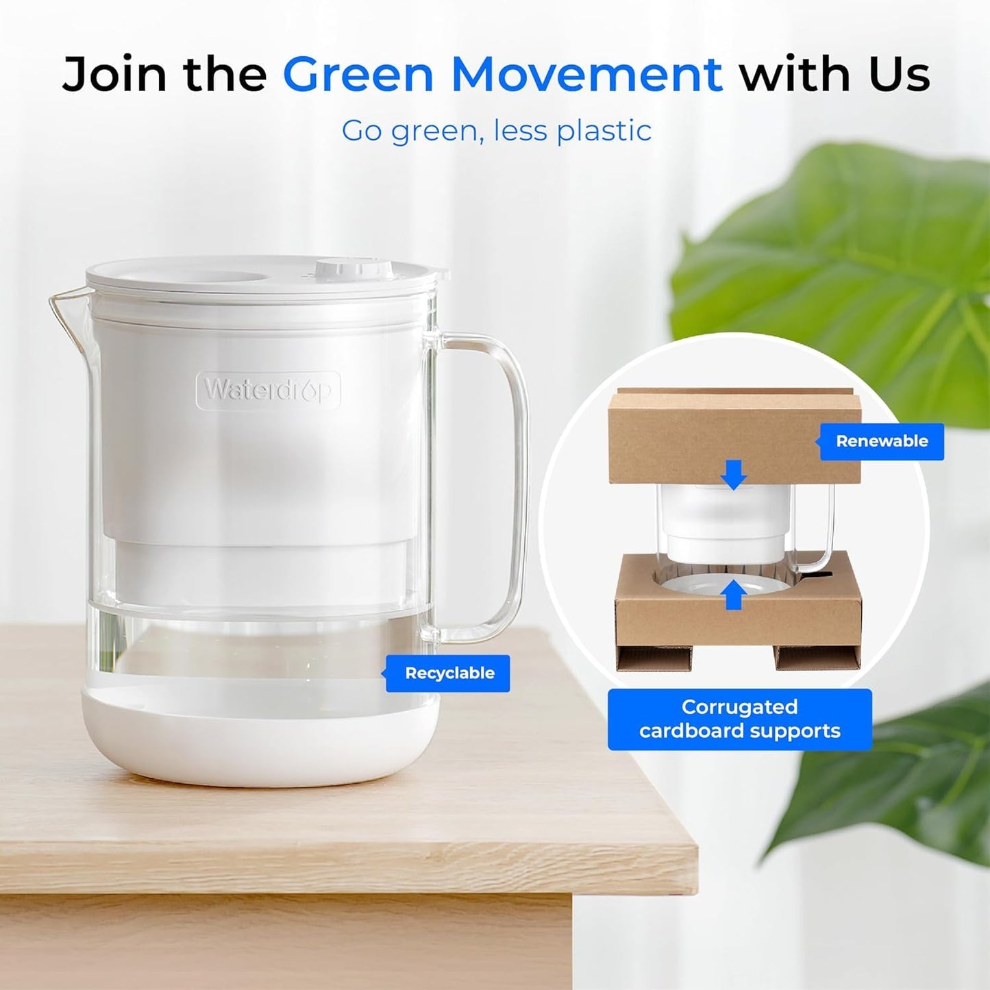 Waterdrop Glass Water Filter Pitcher with 1 Filter, Eco-Friendly, with NSF 53&42&372 Certified Filter, 7-Cup, Reduces PFOA/PFOS, Chlorine, Cadmium, Copper, Mercury, BPA Free, Easy to Clean, White
