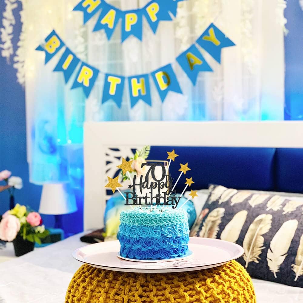 Glittery 70th Happy Birthday Cake Topper with Star,Personalised 70 Birthday Cake Toppers Party Decorations Party Supplies for Men Women Black Gold
