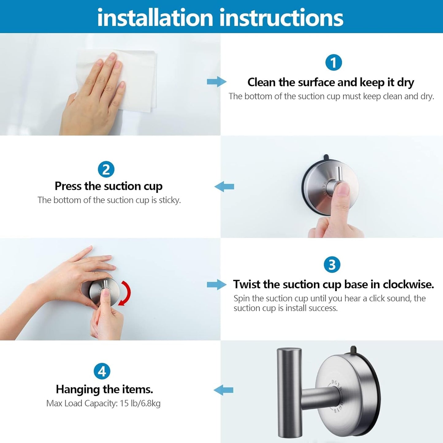 DGYB Large Suction Cup Hooks for Shower Set of 2 Brushed Nickel Towel Hooks for Bathrooms 11 Lbs Wall Hook for Hanging Coat, Robes, Loofah