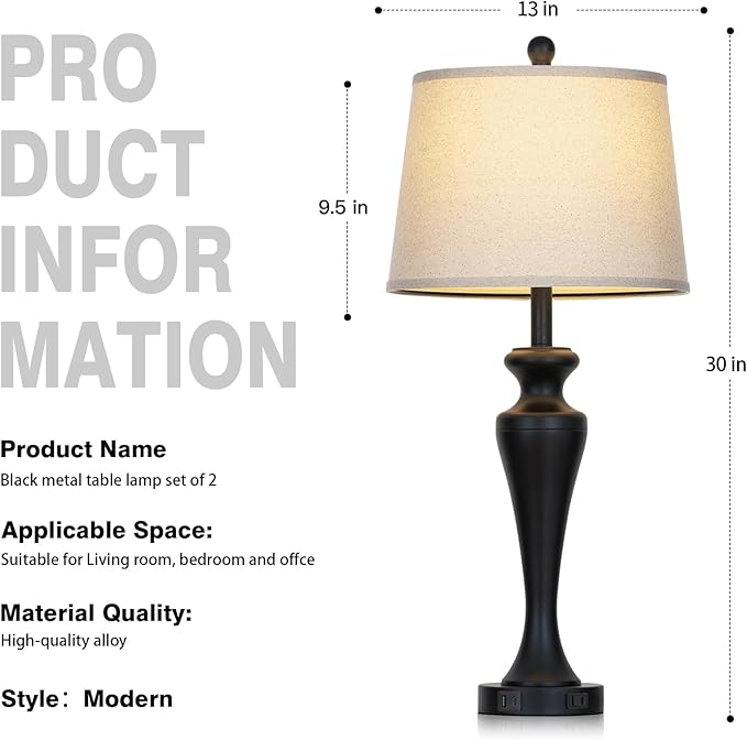 30 Inch Single Black Table Lamp for Bedroom, Modern Tall Lamp for Living Room End Table, 3-Way Dimmable Touch Nightstand Lamps, Metal Bedside Lamps with USB A+C Ports and AC Outlet, Bulb Included