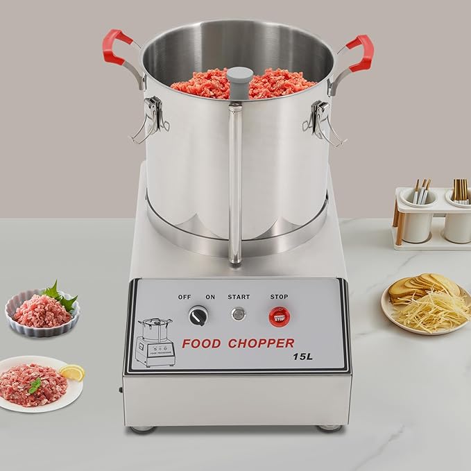 15L/3.96Gal Commercial Food Processor, 110V 1400W Electric Food Chopping Machine Multifunction Vegetable Cutter Stainless Steel Heavy Duty Electric Food Chopping Machine for Fruits Meat Grains
