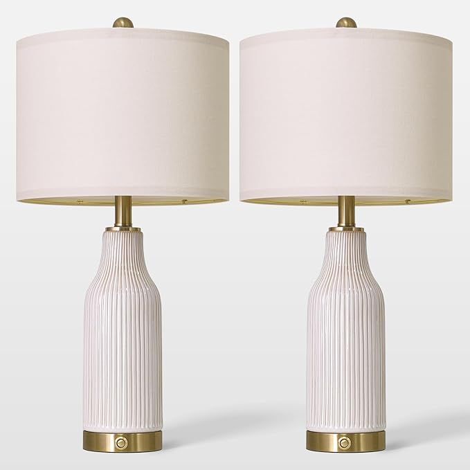 24.5" Modern 3-Way Dimmable Touch Control with USB A+C Ceramic Lamps Set of 2 Table Lamp for Living Room Bedroom Farmhouse Nightstand Bedside White