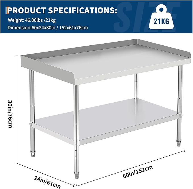 60x24x30 in Stainless Steel Equipment Grill Stand Table 400 LBS Capacity NSF Certified with Adjustable Legs, 2 in Edge Baffle, for Hotel, Home, Commercial Restaurant Kitchen