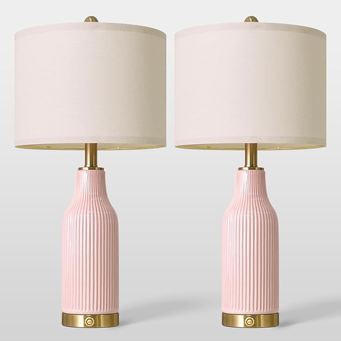 24.5" Modern 3-Way Dimmable Touch Control with USB A+C Ceramic Lamps Set of 2 Table Lamp for Living Room Bedroom Farmhouse Nightstand Bedside Pink