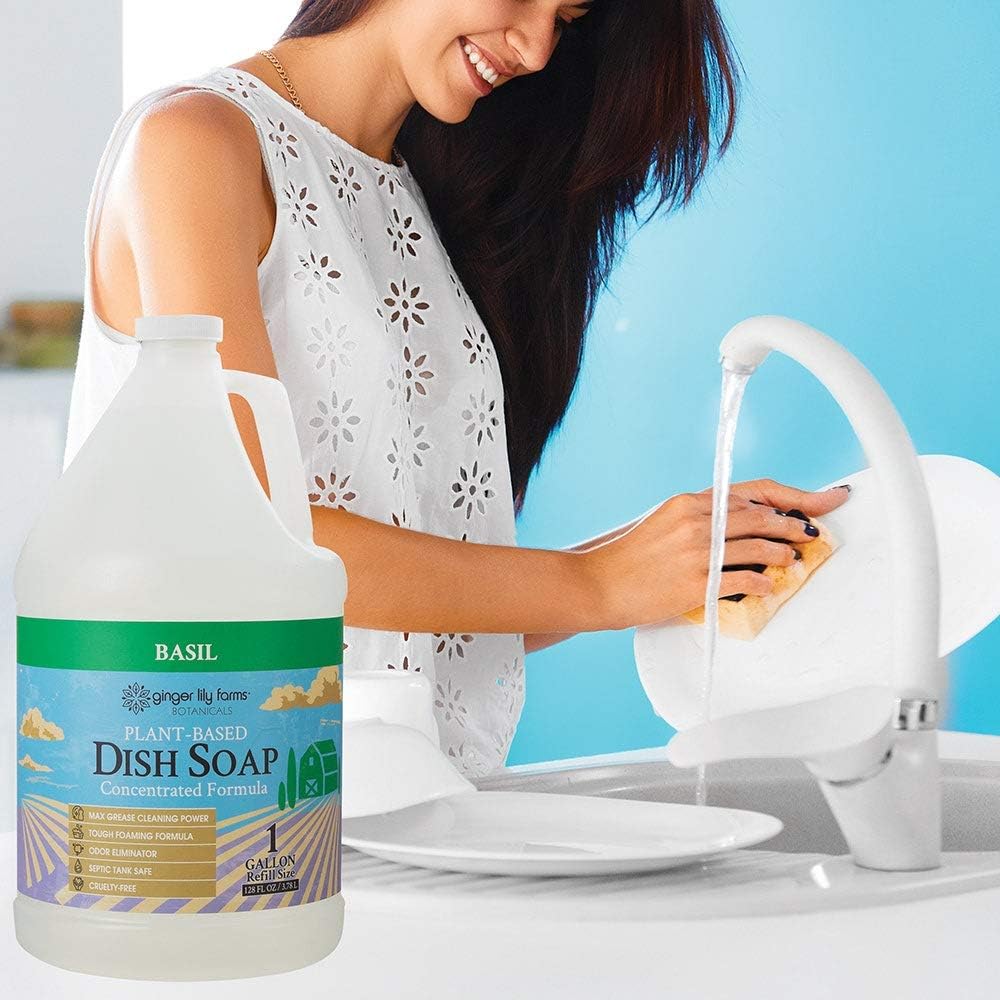 Ginger Lily Farms Botanicals Plant-Based Liquid Dish Soap, Concentrated Formula with Max Grease Cleaning Power, Cruelty-Free, Basil Scent, 1 Gallon Refill (128 Fl. Oz.)