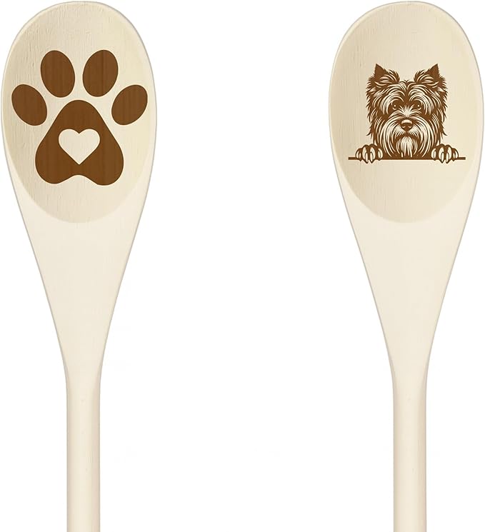Decorative Wooden Spoons with Peeking Dog Designs, Paw Print and Dog Head, Kitchen Utensils Set of 2 (SKYE TERRIER)