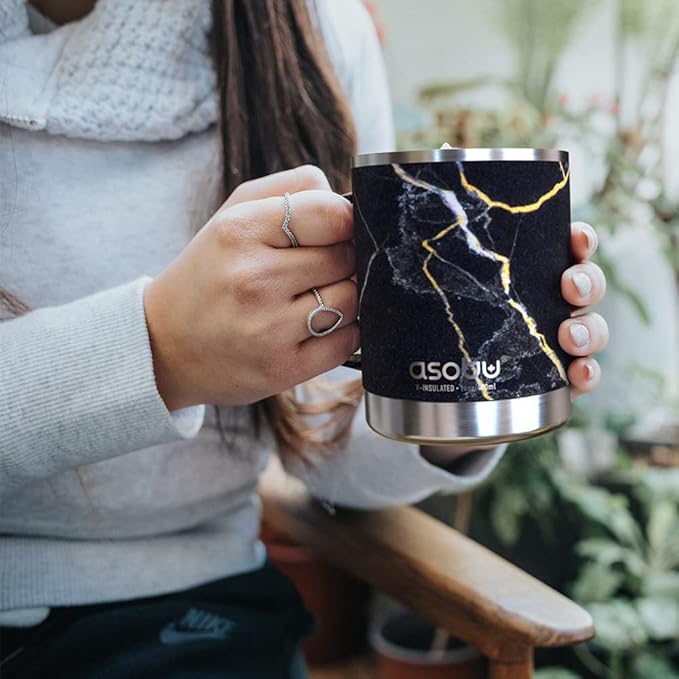 asobu Ultimate Stainless Steel Ceramic Inner Coating Coffee Mug with Double Walled Copper Lining Insulation, 12 Ounces (Midnight Marble)
