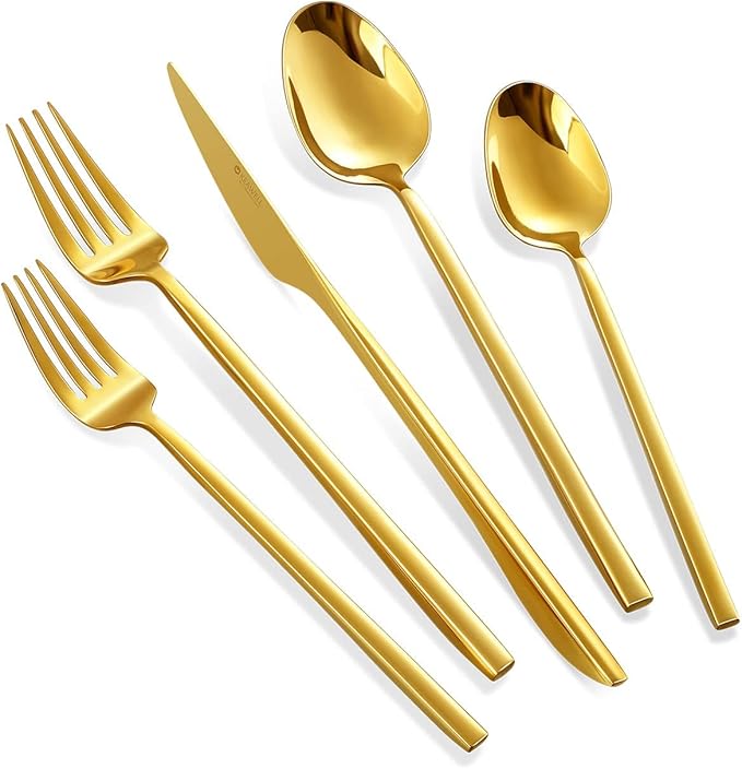 KEAWELL 20-Piece Luxury Mirror Polished Cutlery Set, 18/10 Stainless Steel Tableware, Modern Silverware Set Includes 8 x Spoons, 8 x Forks, 4 x Knives Durable Flatware for Home Kitchen in Gold