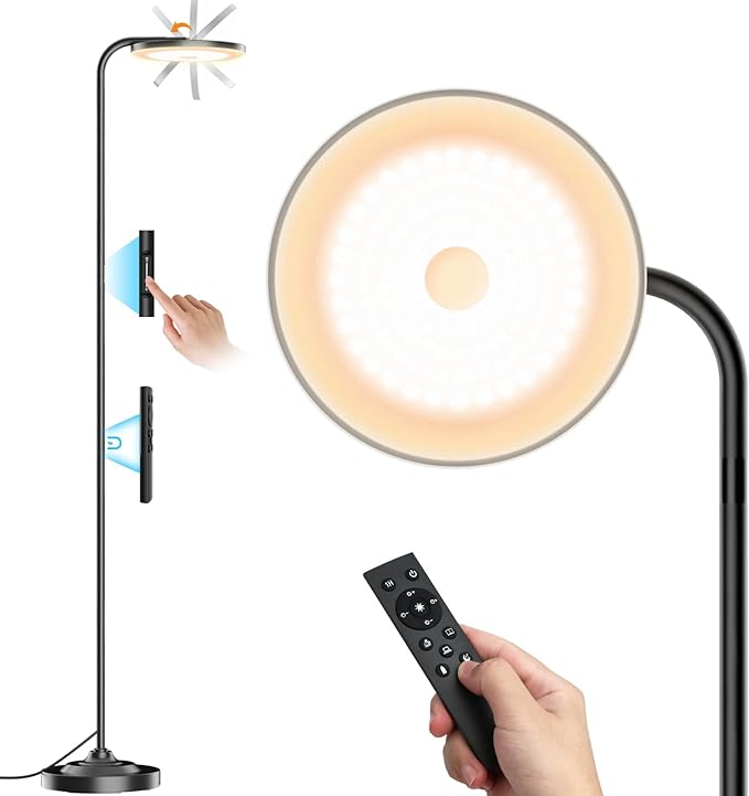 36W LED Floor Lamp, Upgrade Super Bright Standing Lamp, Modern Stepless Dimmable Torchiere Tall Lamp with Remote Control, 350°Rotating Head Reading Floor Lamp for Living Room, Bedroom, Office