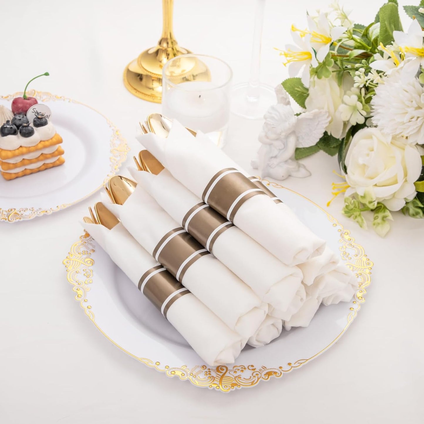 400PCS Pre Rolled Gold Plastic Silverware Sets - Heavy Duty Fancy Gold Cutlery - Include 100 Pack Wrapped Disposable Utensils with Napkins for Parties, Dinners & Weddings