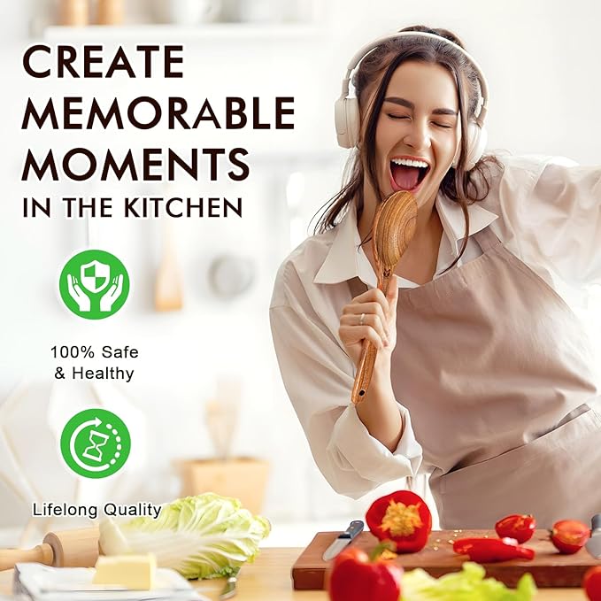 Wooden Spoons for Cooking, 6 Pcs Natural Teak Wooden Kitchen Utensils Set, Cooking Utensils Set with Long & Comfort Grip, Wooden Spoons Spatula Set Perfect for Non-Stick Cookware