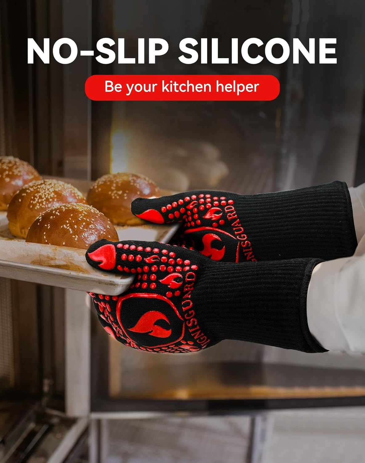 BBQ & Grill Gloves, Oven Gloves, 1472°F Silicone Oven Mitts Heat Resistant Grilling Gloves Fireproof Non-Slip for Barbecue Cooking Baking Smoking, 1-Pair Red(L)