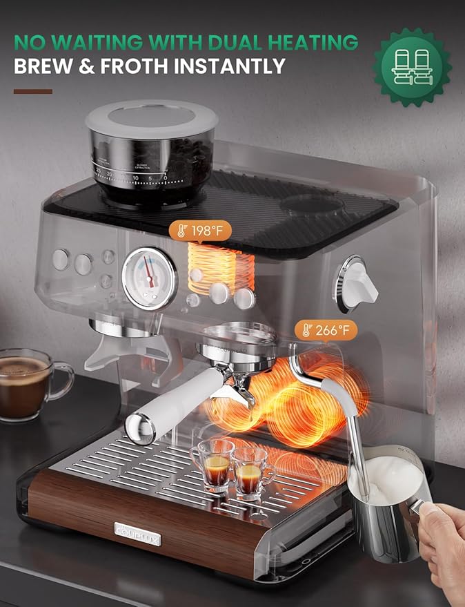 Espresso Machine, 58MM Professional Espresso Machine with Grinder Powerful Milk Frother Steam Wand 15 Bar Espresso Coffee Machine For Home Cappuccino & Latte Machine Stainless Steel