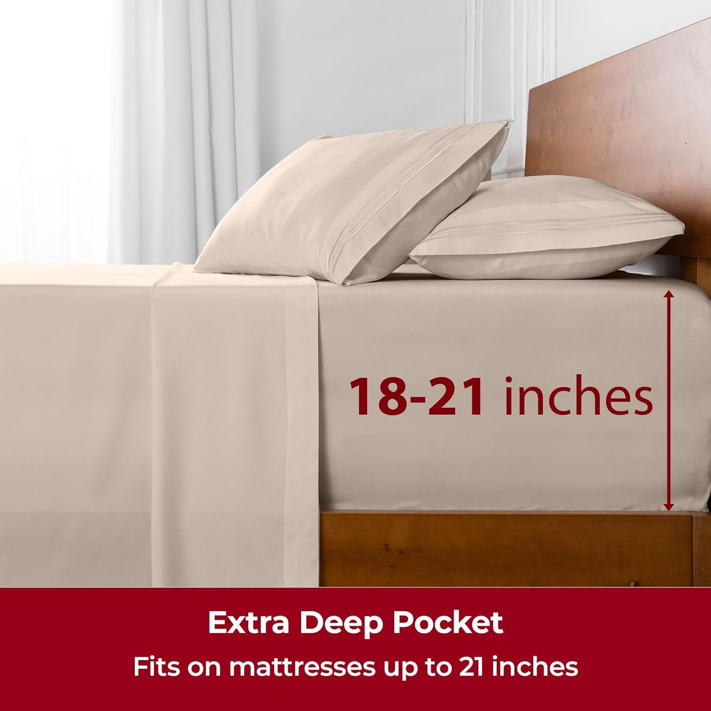 Mellanni Extra Deep Split King Sheets - 5 PC Iconic Collection Bedding - Hotel Luxury, Ultra Soft, Cooling Bed Sheets - Wrinkle, Fade, Stain Resistant (Split King, Beige)